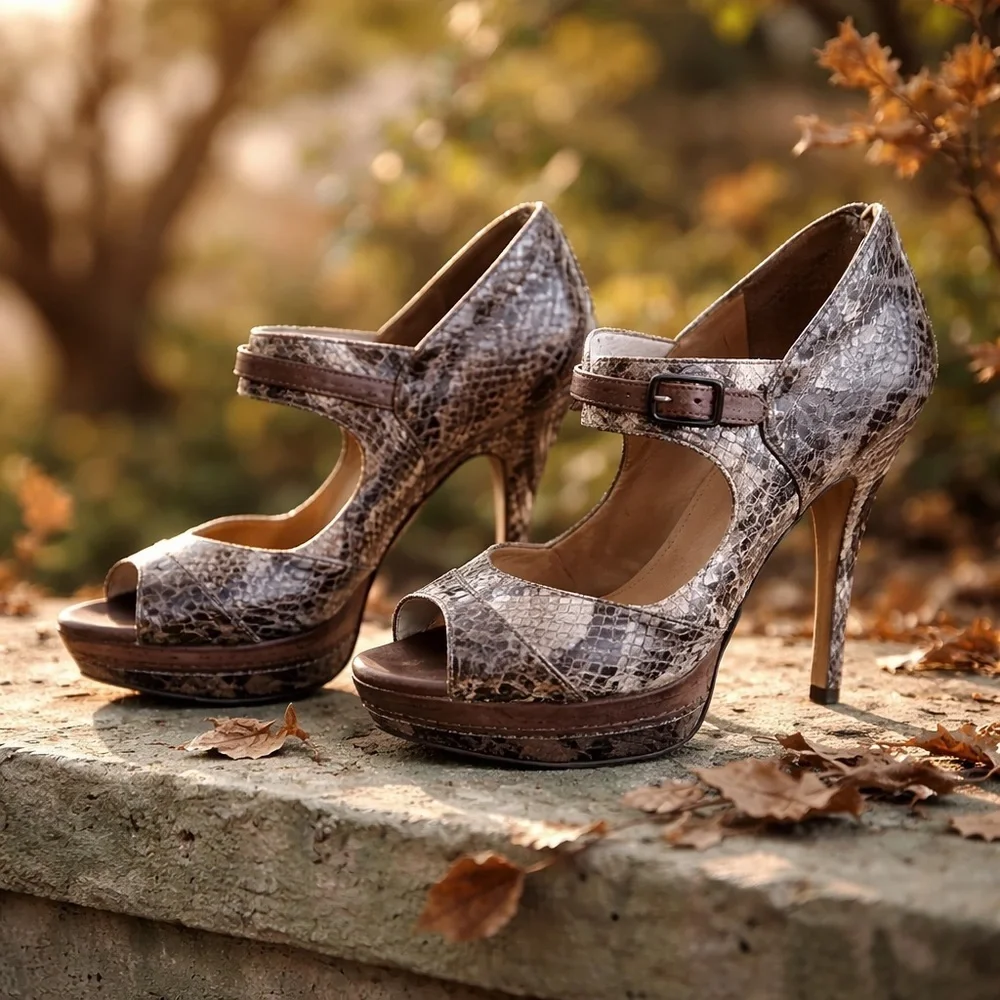 Enzo Angiolini Snake Print Platform Stiletto Heels Peep Toe Buckle Strap Leather